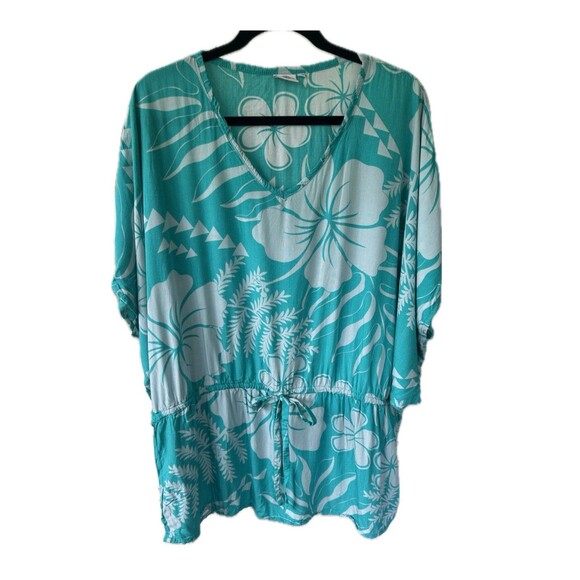 Makai Beach Hawaii Hawaiian Aloha Hibiscus Floral Batwing Drawstring Blouse S/M - Picture 1 of 7